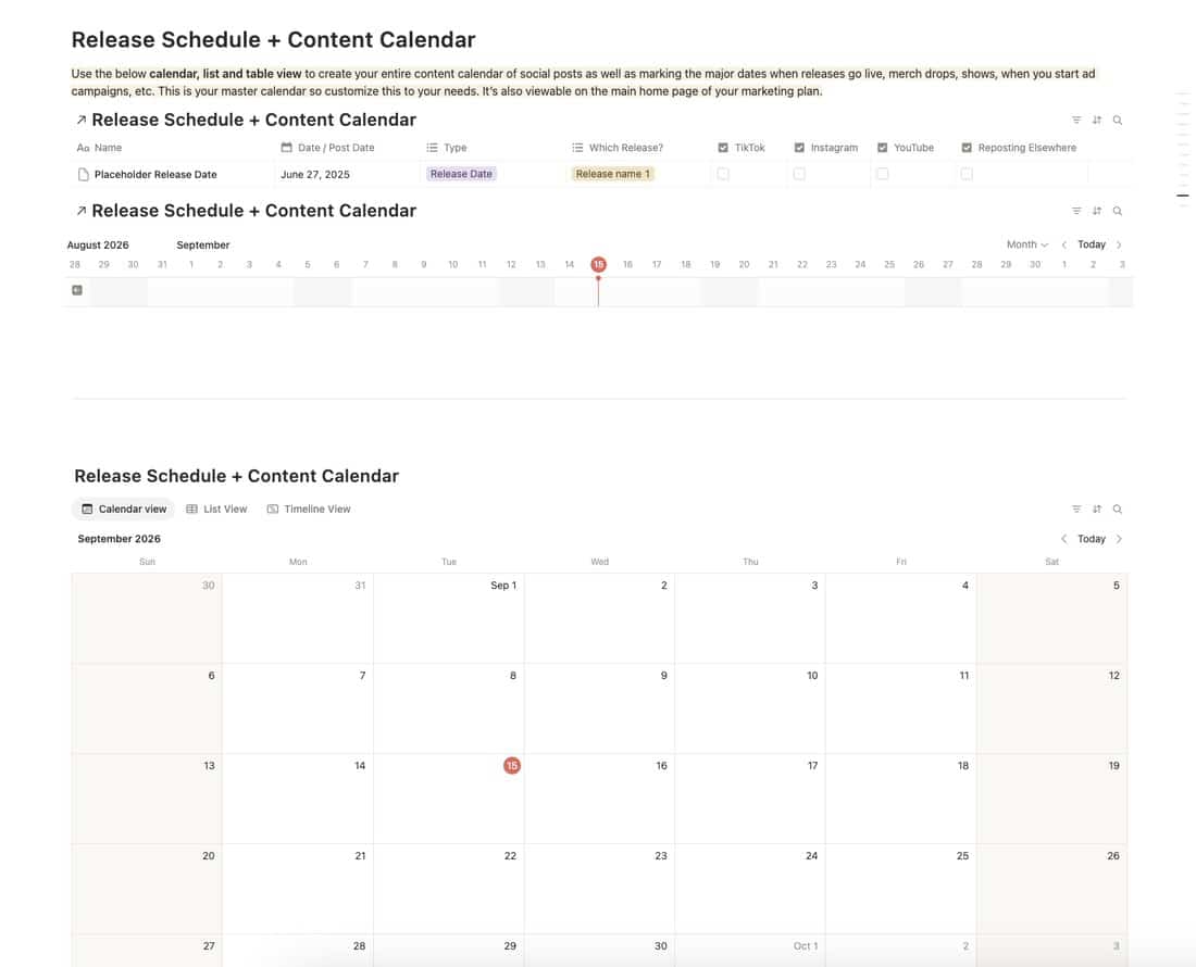 Release schedule and content calendar views