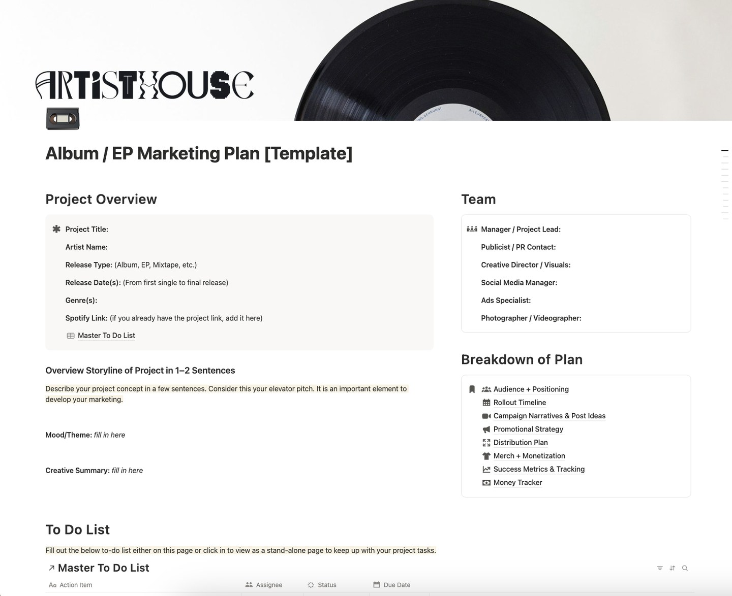Notion template — project overview, team, and breakdown of plan